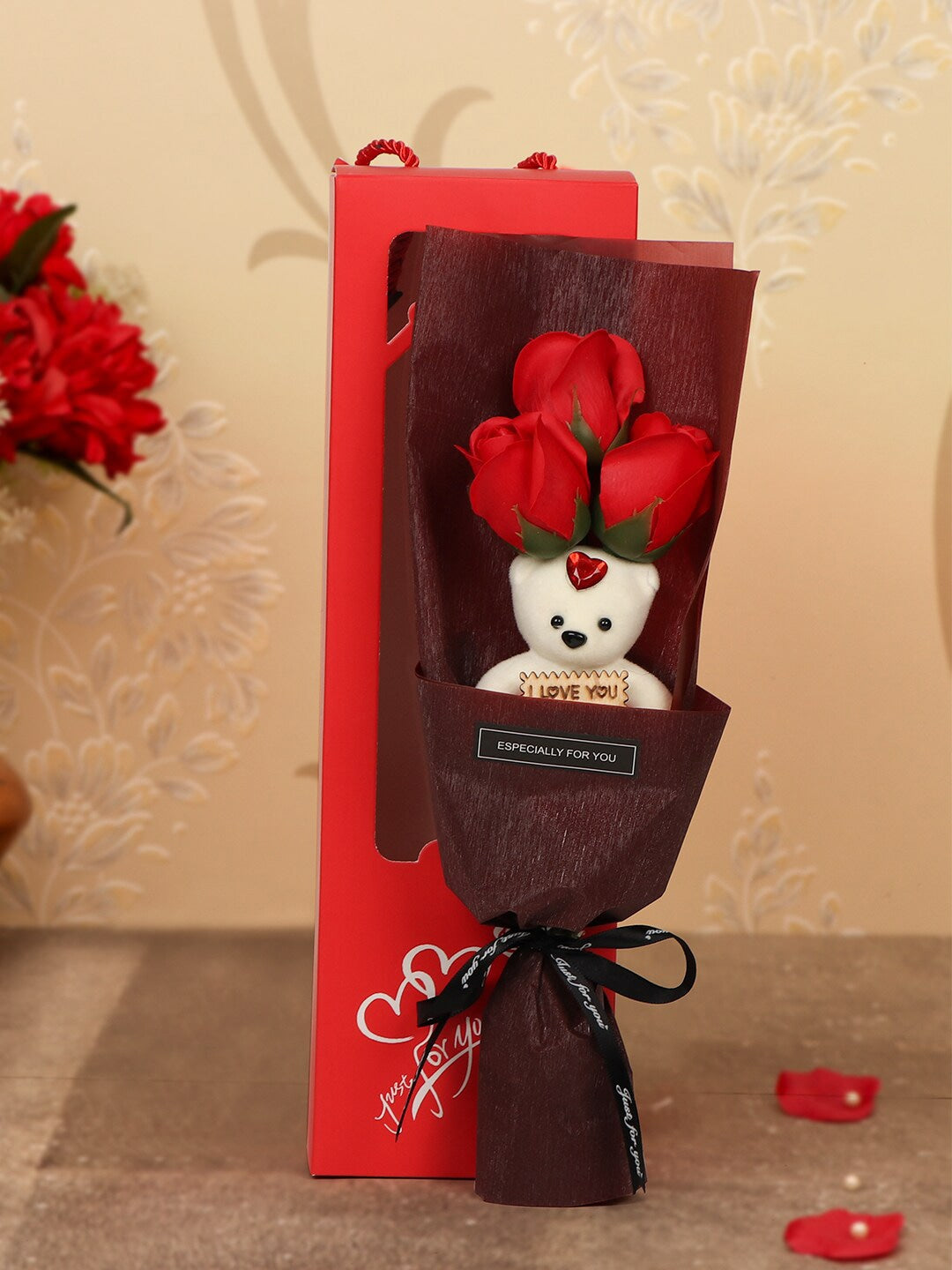 Buy | Red & White Valentine Day Gift Artificial Rose | Tied Ribbons
