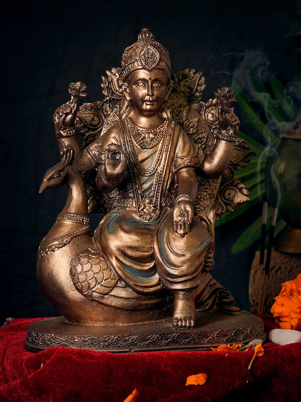 Copper-Toned Maa Saraswati Sitting On Swan Idol