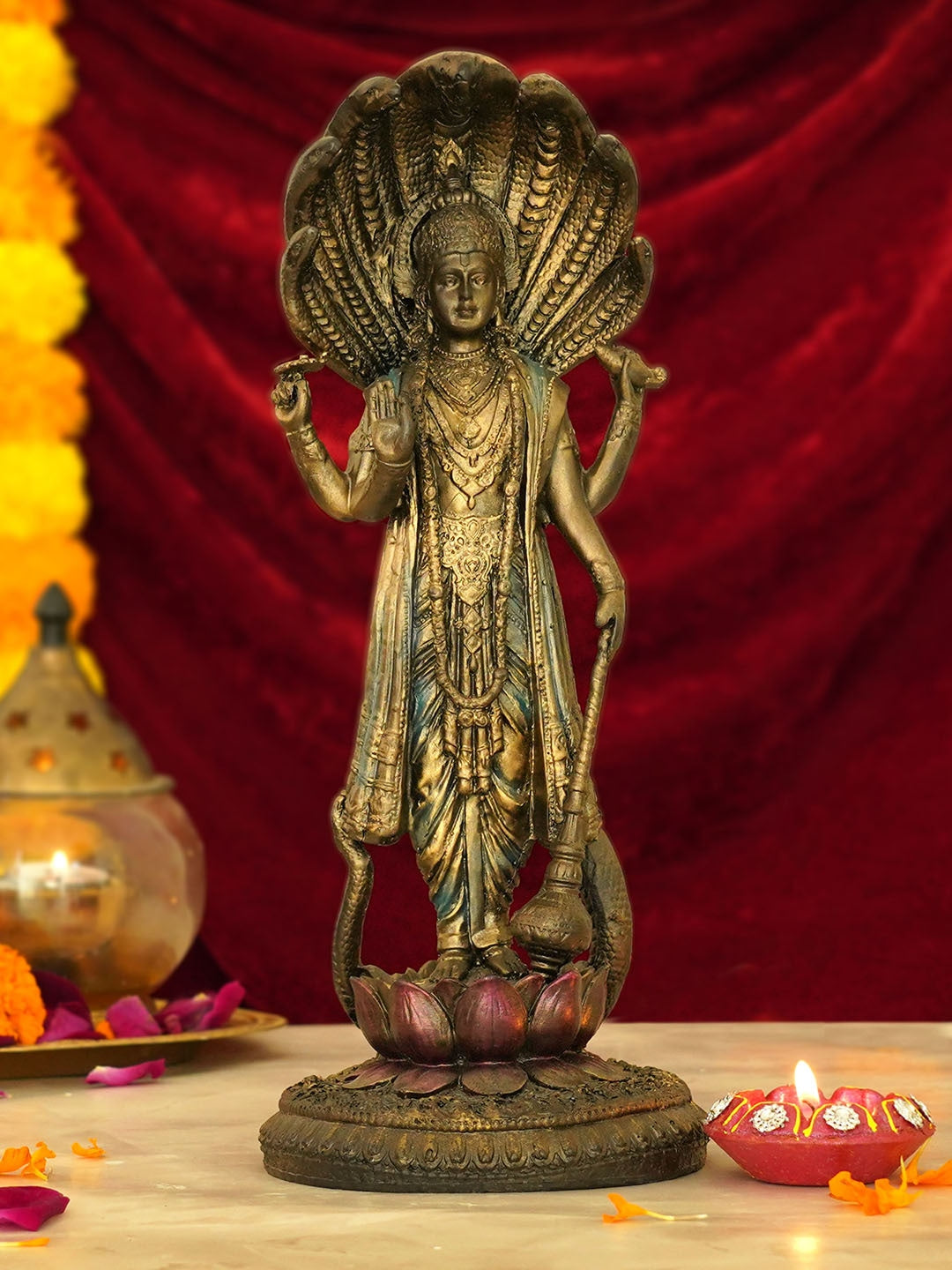 Buy | Copper-Toned Standing Lord Vishnu On Lotus | Tied Ribbons