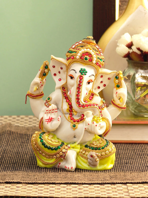 Cream-Coloured and Green Ganesha Idol Sculpture Statue Figurine