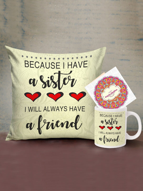 Printed Cushion with Coffee Mug Rakhi Gift Set for Sister