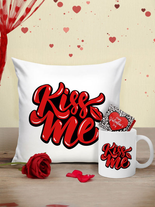 White & Red Valentine Cushion with Mug, Rose