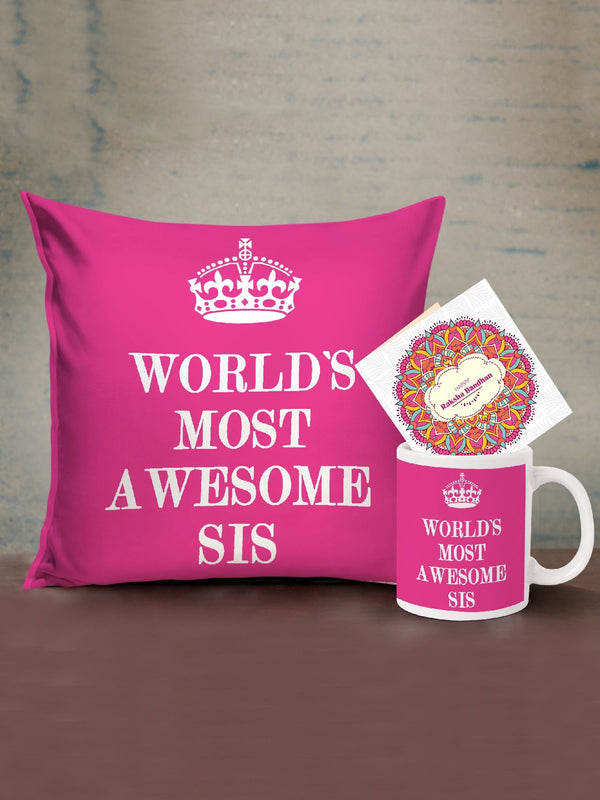 Pink & White Printed Cushion With Coffee Mug