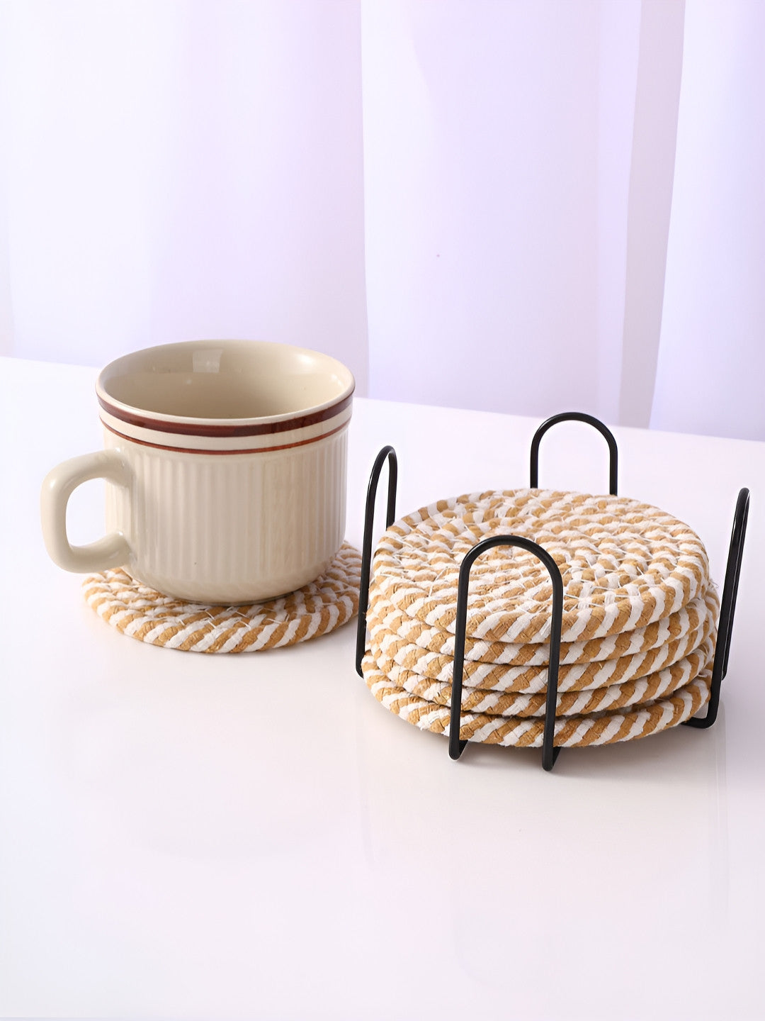 Buy | White & Brown 6 Pieces Cotton Round Coasters | Tied Ribbons