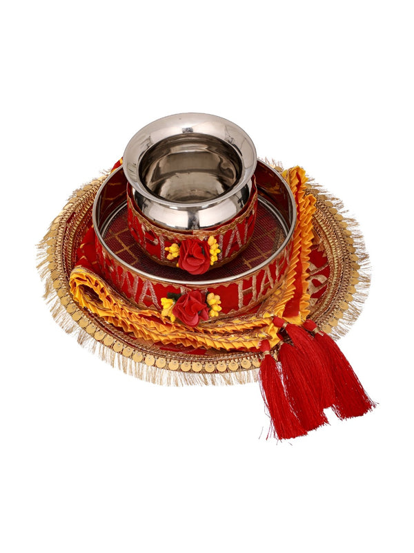 Red Karwachauth Pooja Thali With Lota & Channi