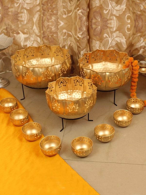 Set of 11 Lotus Urli Decorative Bowls with Stand Gold Toned