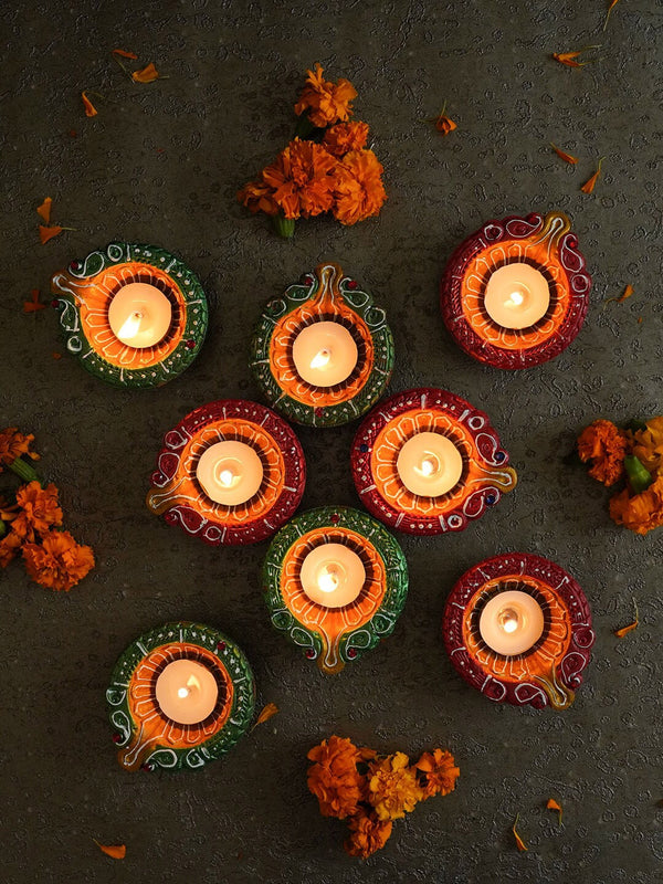 Maroon & Green Terracotta Diyas Set of 8