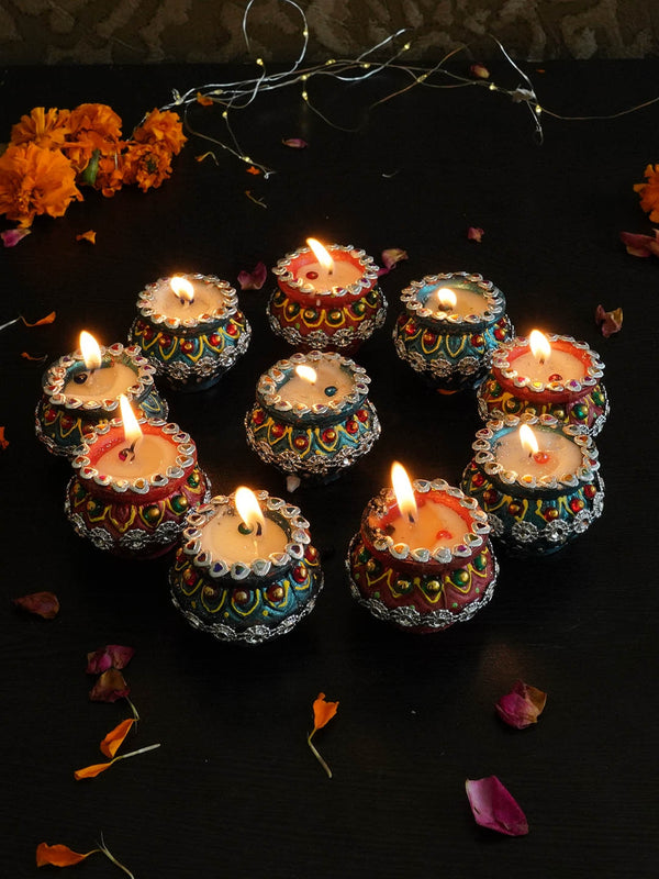 Handmade Wax Filled Terracotta Diwali Diyas Candle Holder Set of 10
