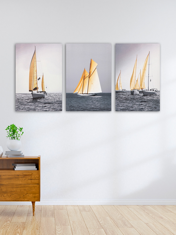 Set Of 3 White & Grey Boats In Sea Hand-Painted Wooden Framed