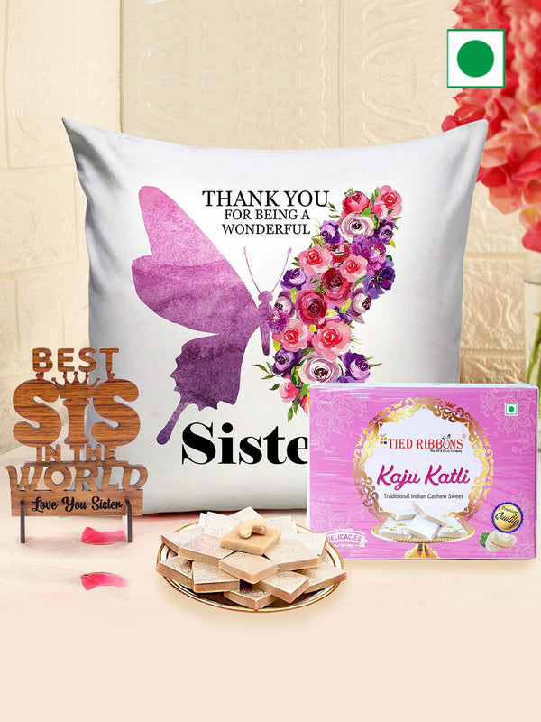Printed Cushion & Showpiece With Kaju Katli Raksha Bandhan Sweet Gift