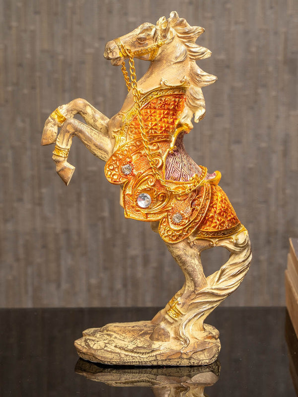Gold-Toned Stone-Studded Roaring Horse Statue