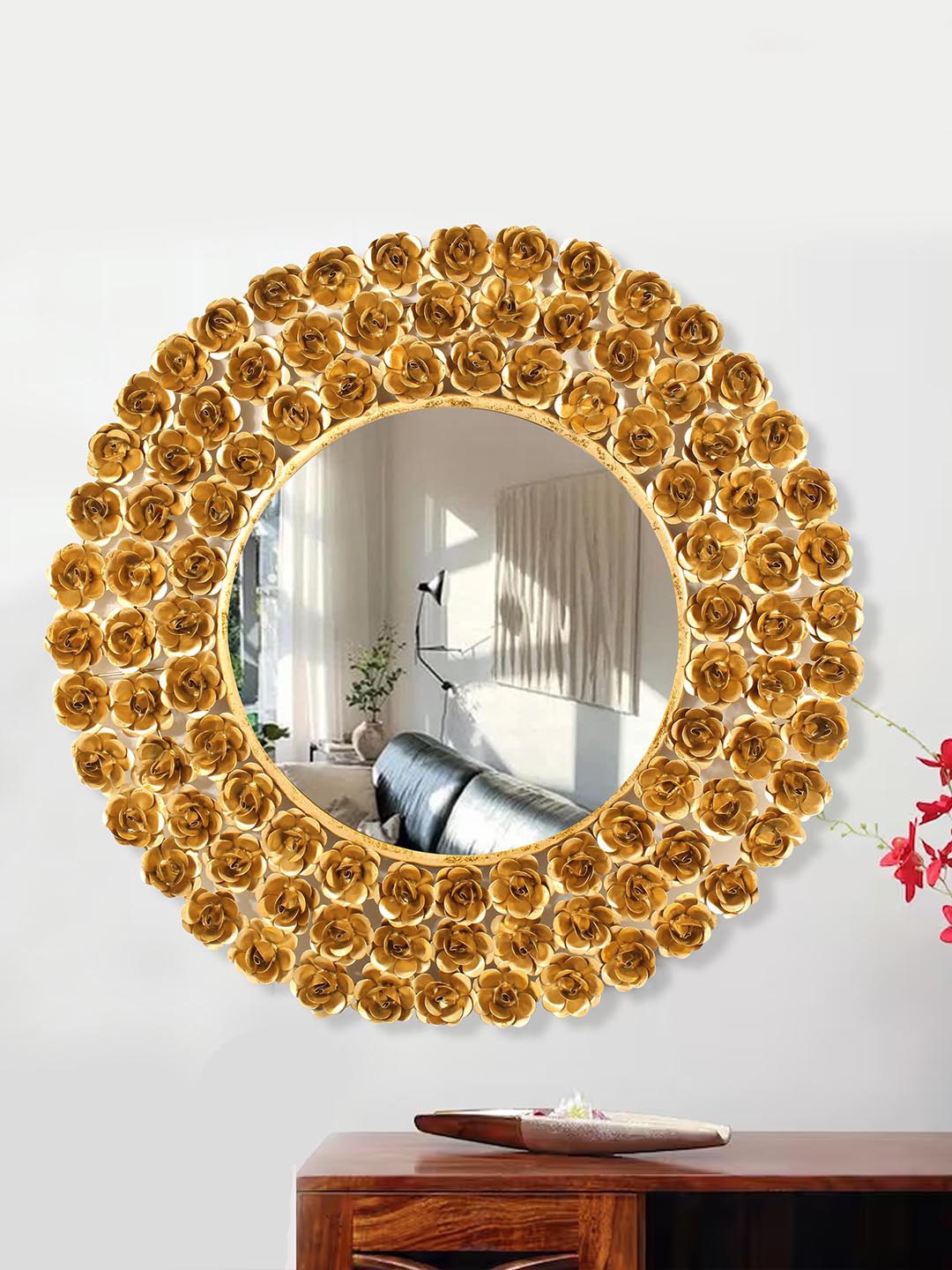 Buy | Gold-Toned Textured Rose Flower Mirror | Tied Ribbons