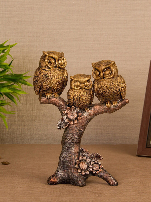 Gold-Toned & Brown 3 Owls On Tree