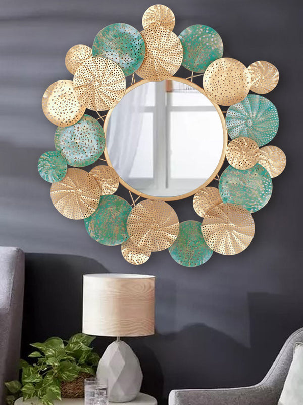 Gold-Toned & Turquoise Blue Wall Mirror