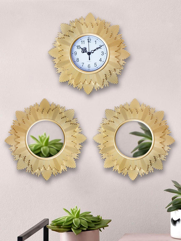 Gold-Toned & White Set of 3 Floral Contemporary Wall Clock