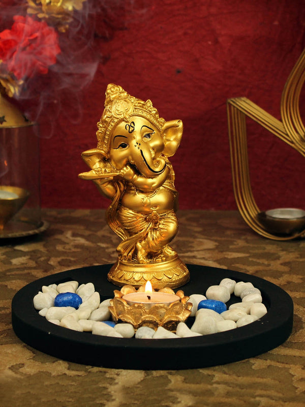 Gold-Toned and Black Ganesha Idol with Tray Stones and Tealight Candle Showpiece