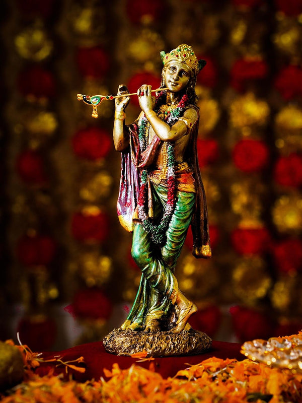 Gold-Toned and Green Lord Krishna Playing Murli Idol Decorative Statue Showpiece