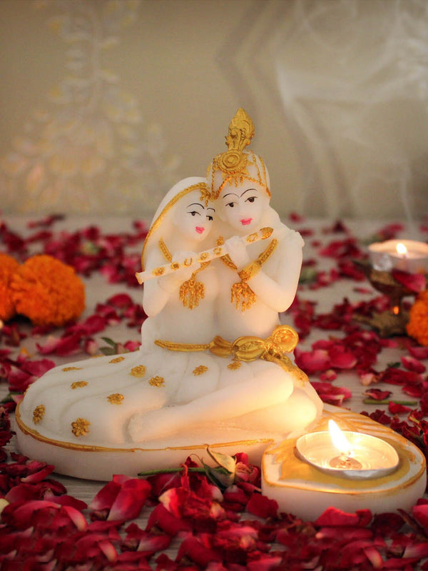 Gold-Toned and White Radha Krishna Idol with Tealight Candle Holder Showpieces