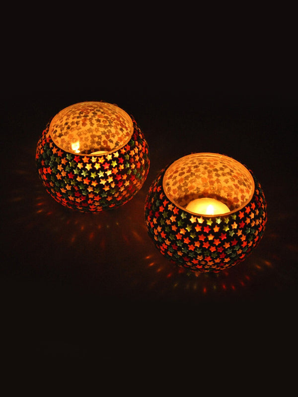 Green Set of 2 Mosaic Glass Tea Light Candle