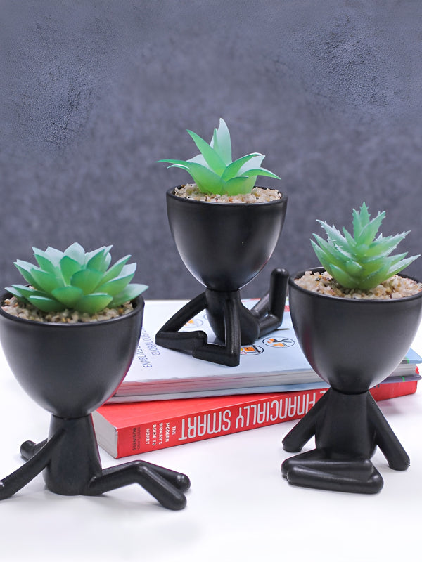 3 Pieces Green And Black Succulent Artificial Plant With Pot