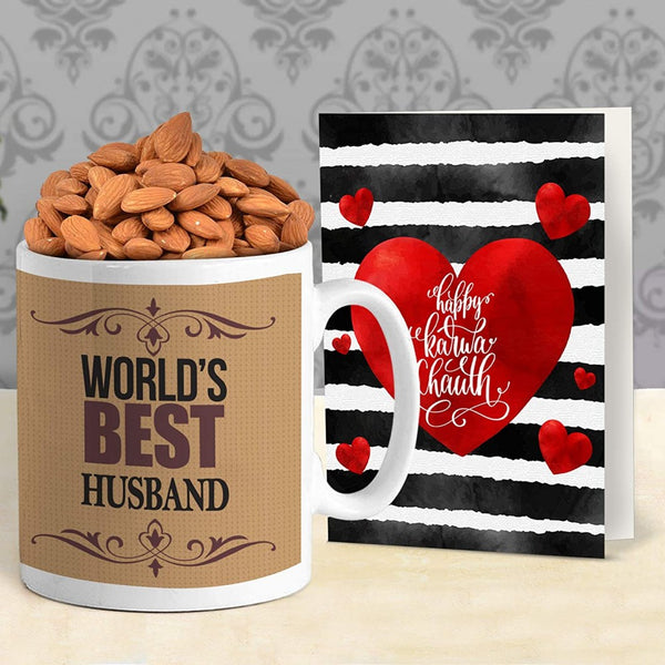 Karwa Chauth Special Printed Mug with Almonds (100 Grm) and Card Gift For Husband