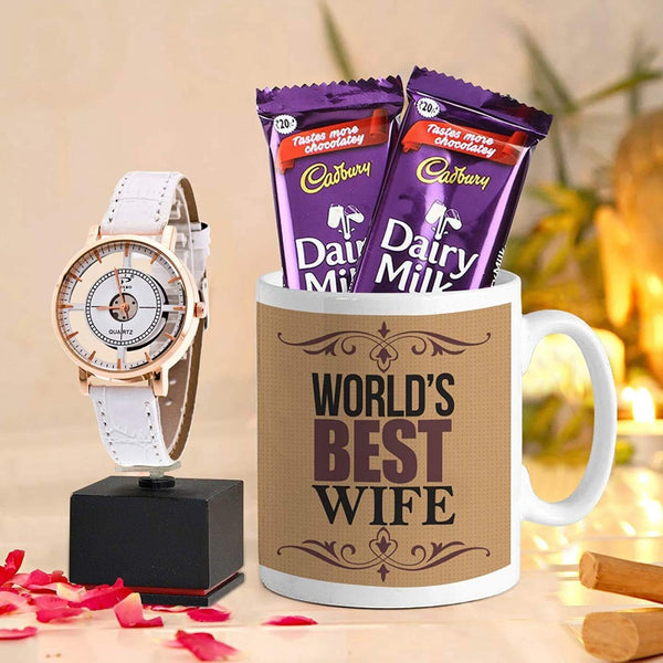 Amazing Gift Hamper For Best Wife ( Coffee Mug Dairy Milk Chocolates Analog Watch )
