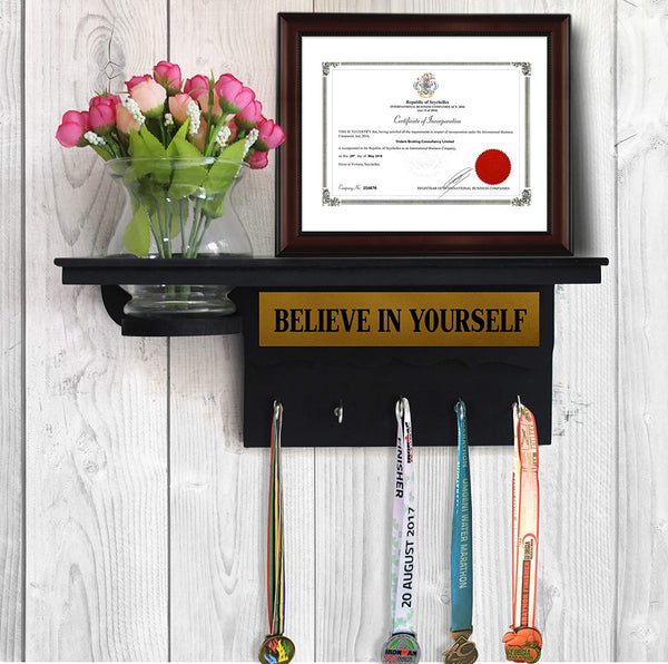 Medal and Trophy Hanger Shelf with  Flowers and Glass Vase for Home Wall Medals