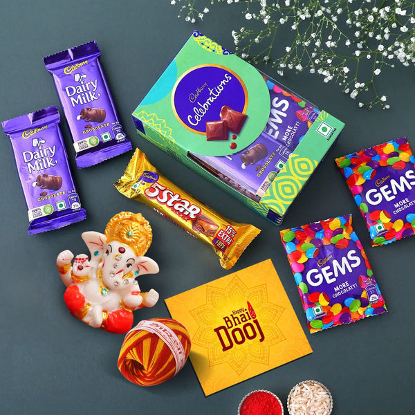 Bhai Dooj Gift Set for Brother (Mini Ganesha Idol & Chocolates) with Kalawa and Roli Chawal