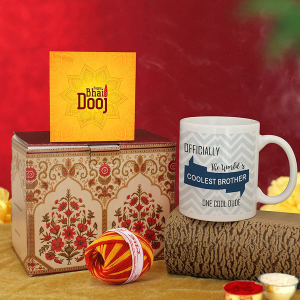 Bhai Dooj Tika Gift Set for Brother Printed Mug with Kalawa and Roli Chawal