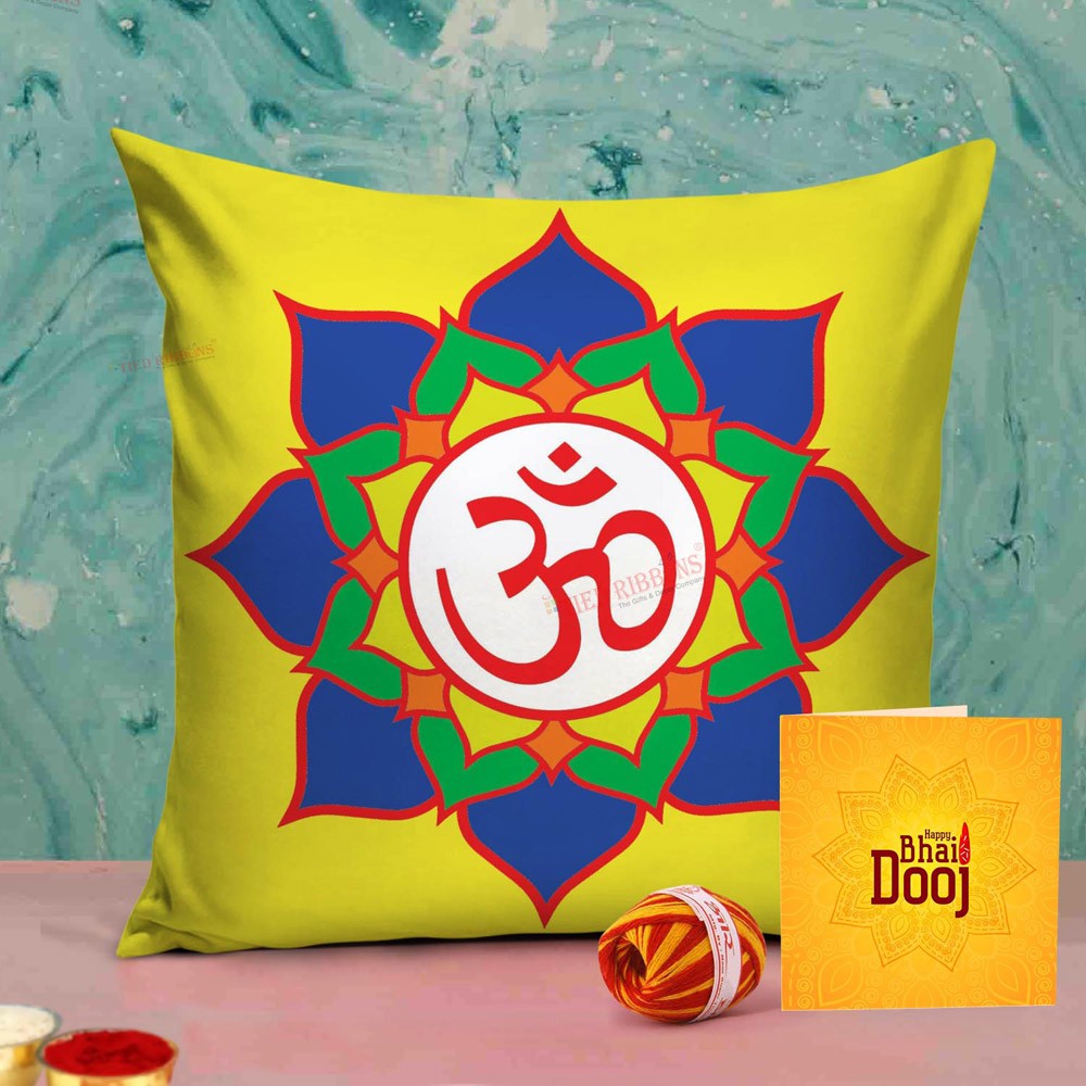 Buy Om Printed Cushion Cover for Brother with Kalawa and Roli Chawal Tied Ribbons