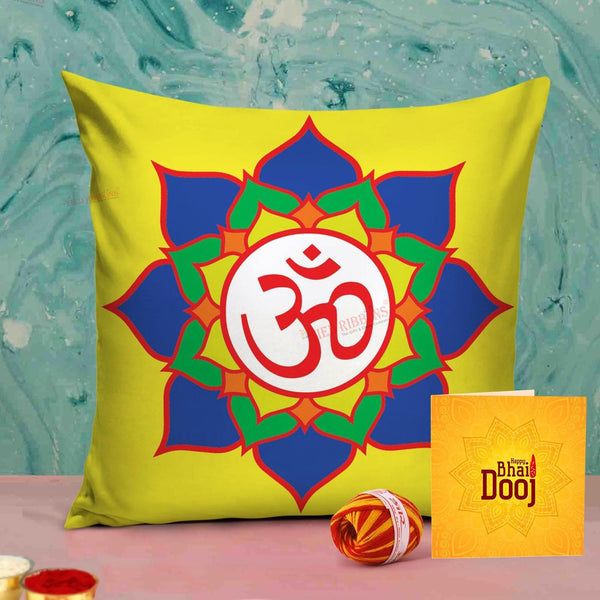 Om Printed Cushion Cover for Brother with Kalawa and Roli Chawal