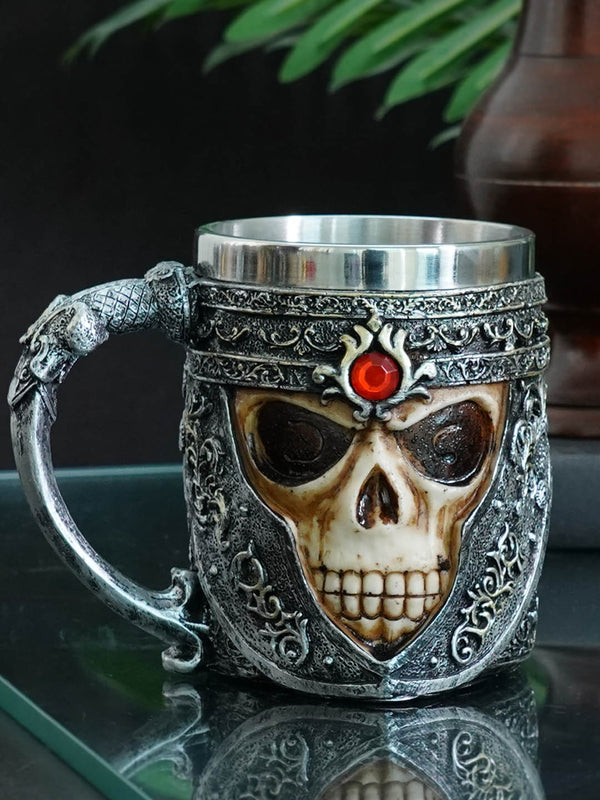 Silver Handcrafted Solid Steel Matte Viking Warrior Skull Mug
