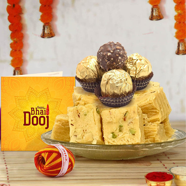 Delicious Dry Soan Papdi & Ferrero Rocher Chocolate with Kalawa, Roli Chawal and Small Card