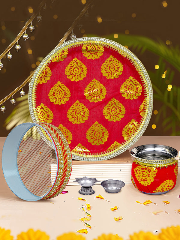 Red & Gold-Coloured Designer Karwachauth Pooja Thali Set