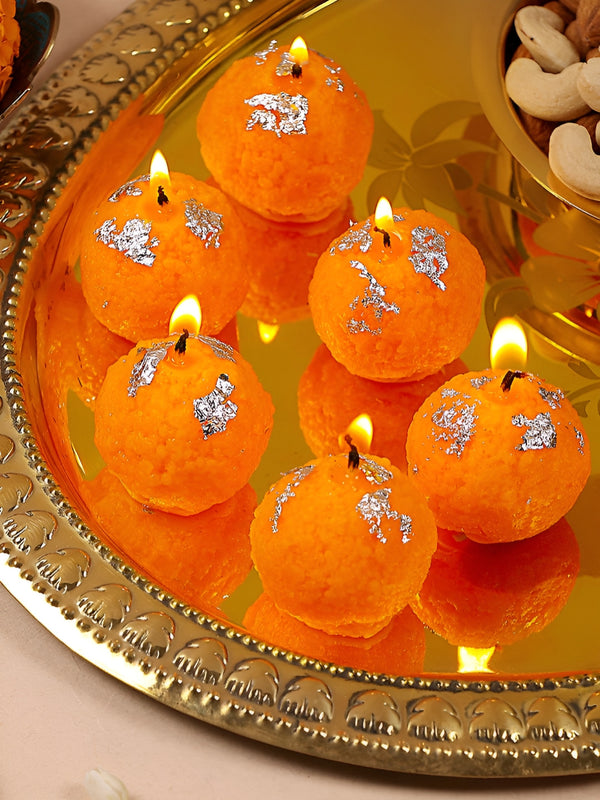 Orange And Silver Toned 6 pieces Motichoor Ladoo Shaped Diya Candle