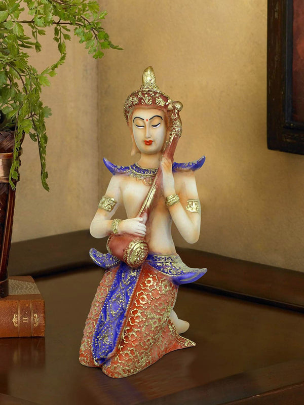 Orange and Blue Polyresin Decorative Divine Musical Buddha Showpiece
