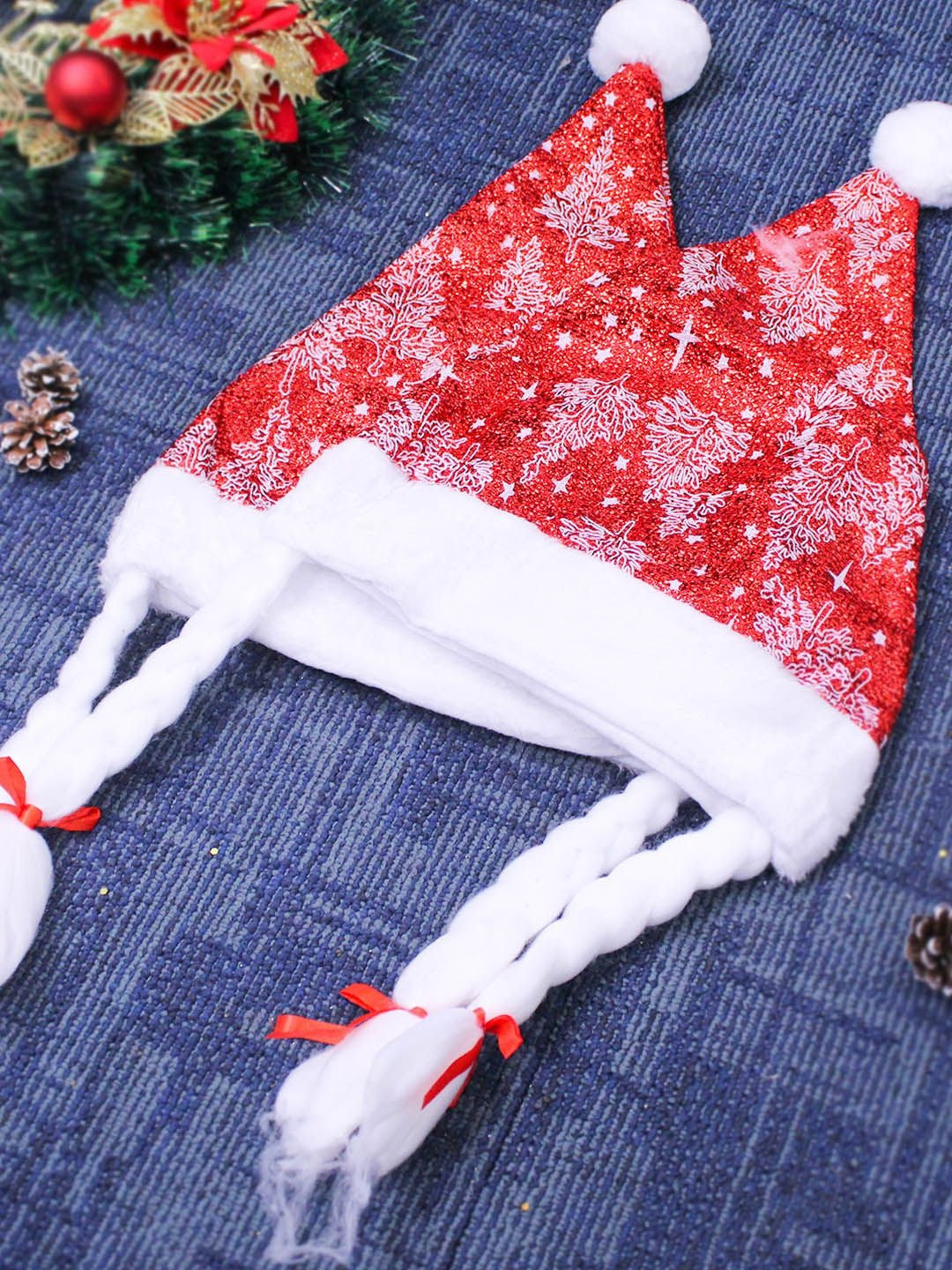 Buy | 2-Pcs Red Santa Claus Sparkle Caps | Tied Ribbons