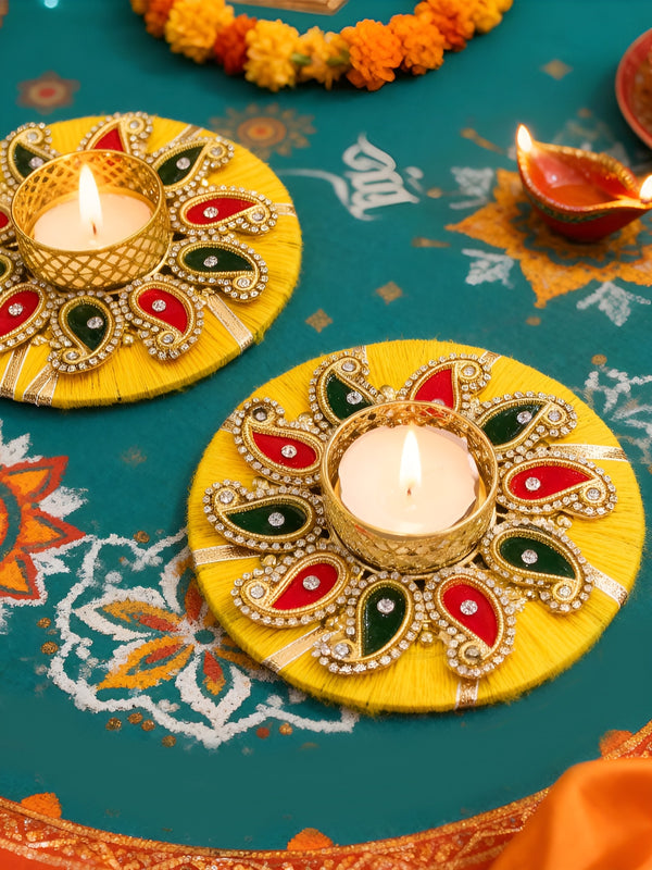 Yellow & Gold-Toned Set of 2 Candle Holder