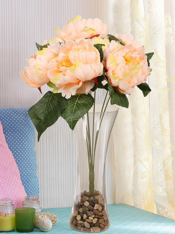 Peach-Coloured and Green Decorative Artificial Peony Flower Bunch with Vase Pot