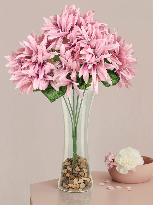 Pink and Green Artificial Flower Bunch with Glass Vase