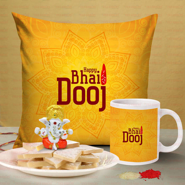 Bhai Dooj Combo Gift Ganesha Idol, Cushion, Mug & Sweets with Kalawa and Roli Chawal