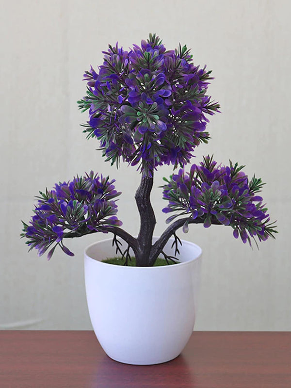 Purple and Green Artificial Bonsai Plant with White Pot