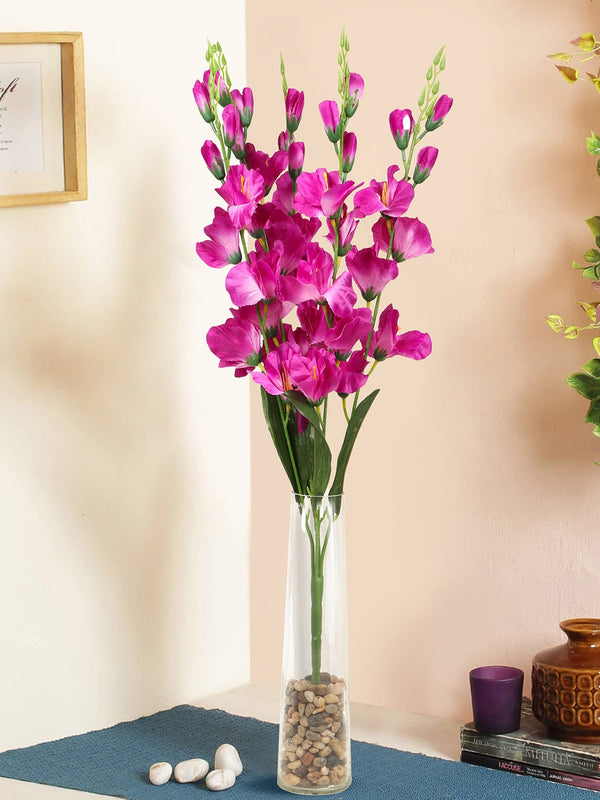 Purple and Green Artificial Flower Bunch with Glass Vase