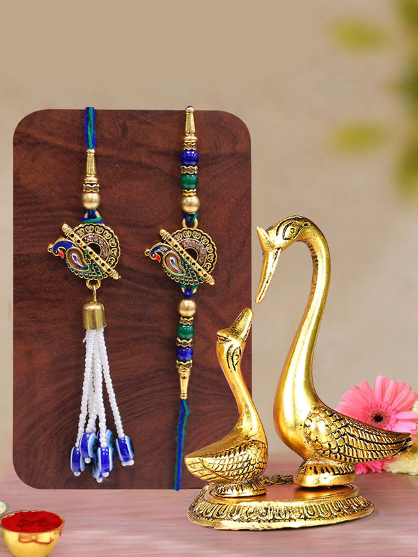 Rakhi for Brother and Bhabhi with Gift Set (Swan Statue) and Rakhi Card