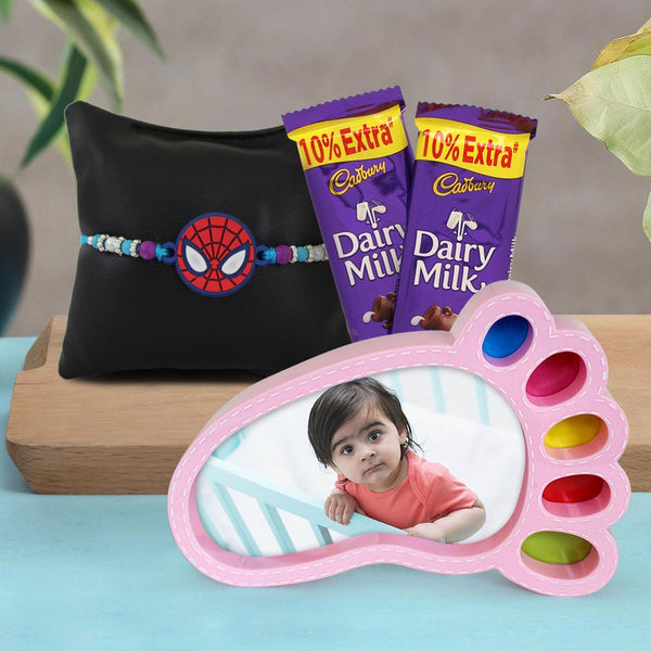 Amazing Personalised Photo Frame with Spider Rakhi for kids and Chocolate