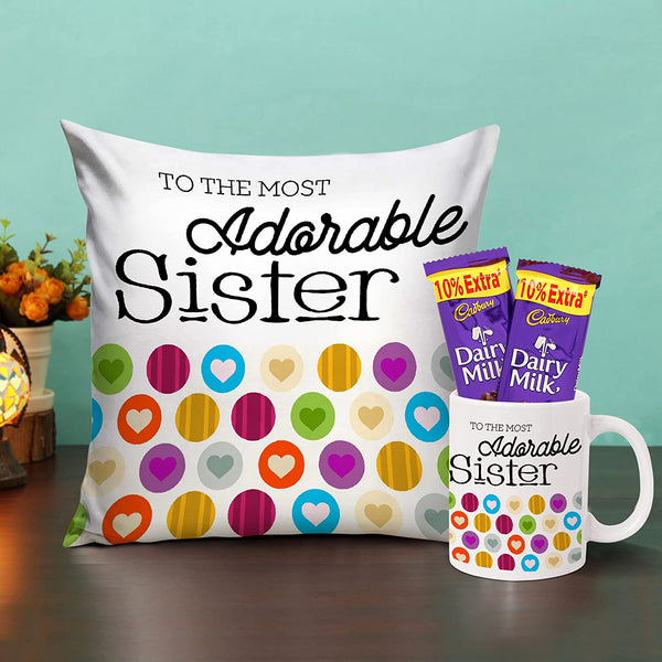 Gifts for Sister Printed Coffee Mug and Cushion with Filler (12x12 inch)
