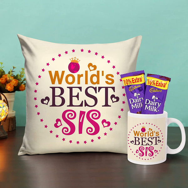 Rakhi Return Gifts for Sister with Dairy Milk Chocolates, Printed Cushion