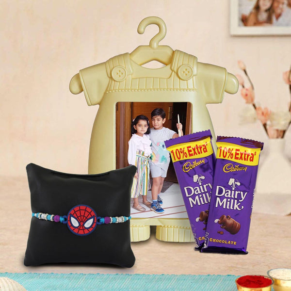 Small Spide Kids Rakhi wit Personalised Photo Frame and Dairy Milk Chocolate