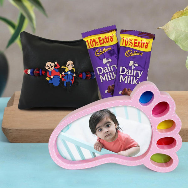 Customized Photo Frame with Motu Patlu Rakhi for Kids and Chocolate