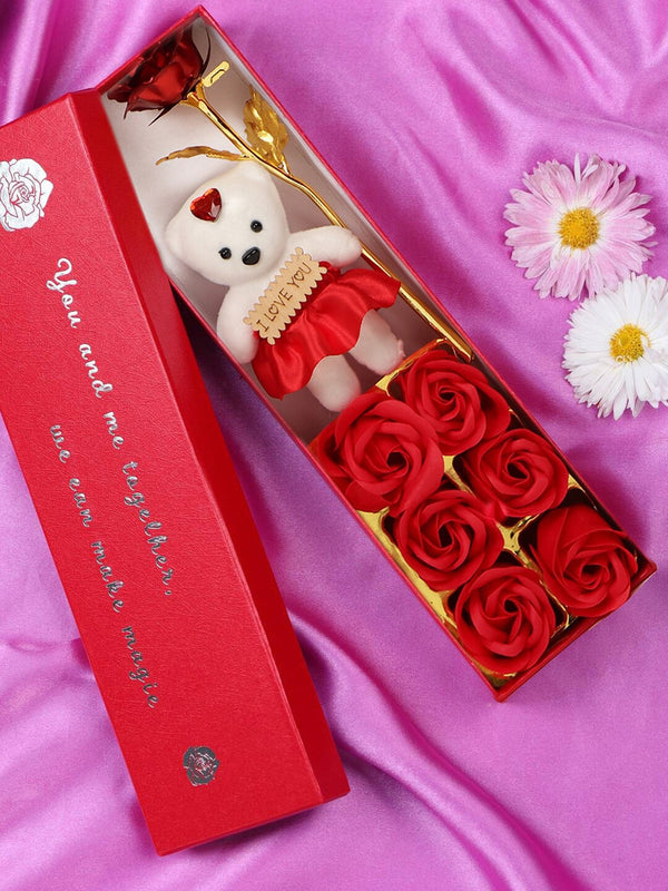 Red Artificial Rose Flower with Mini Teddy Box